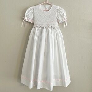 Strasburg Smocked Girls Dress White Size 6 Pink Rose Buds Heirloom Easter